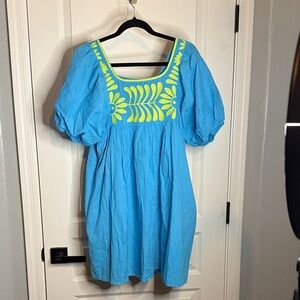 Blue and Yellow Embroidered Mini Dress